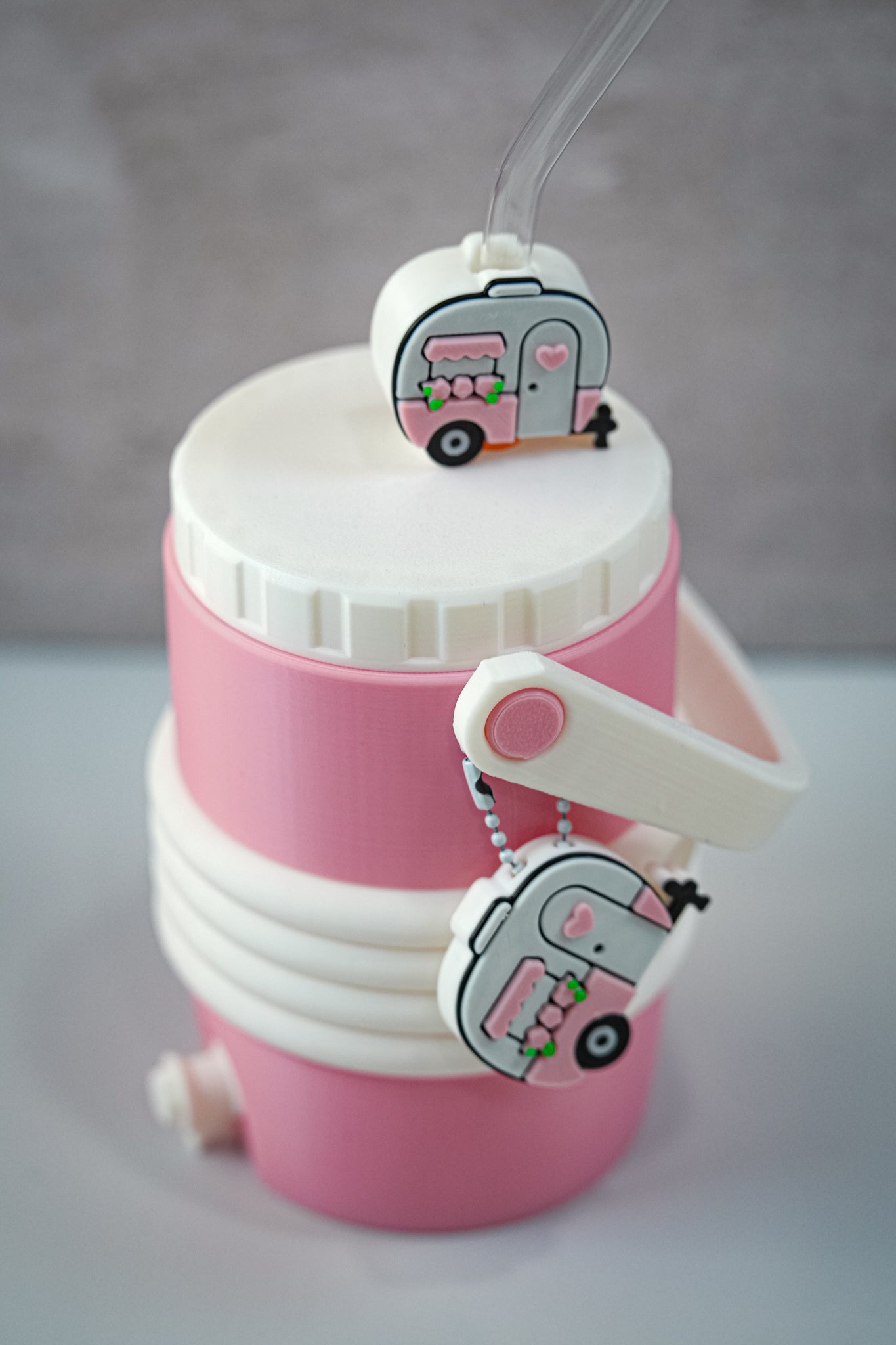 Pink Camper 12oz Soda Can Holder | 3D Printed Can Sleeve with Straw Topper & Matching Can Opener