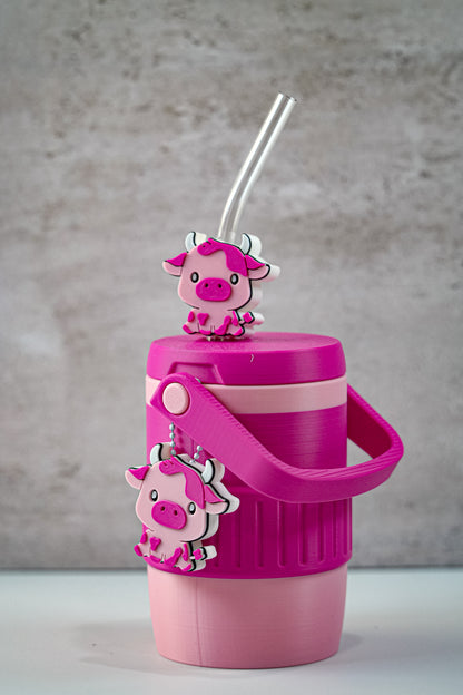 Pink Cow 12oz Soda Can Holder | 3D Printed Can Sleeve with Straw Topper & Matching Can Opener