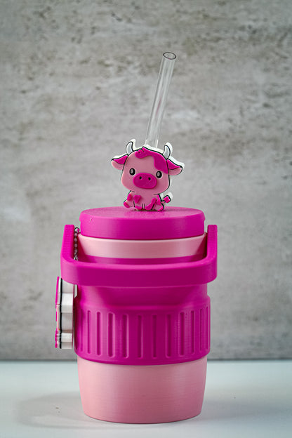 Pink Cow 12oz Soda Can Holder | 3D Printed Can Sleeve with Straw Topper & Matching Can Opener