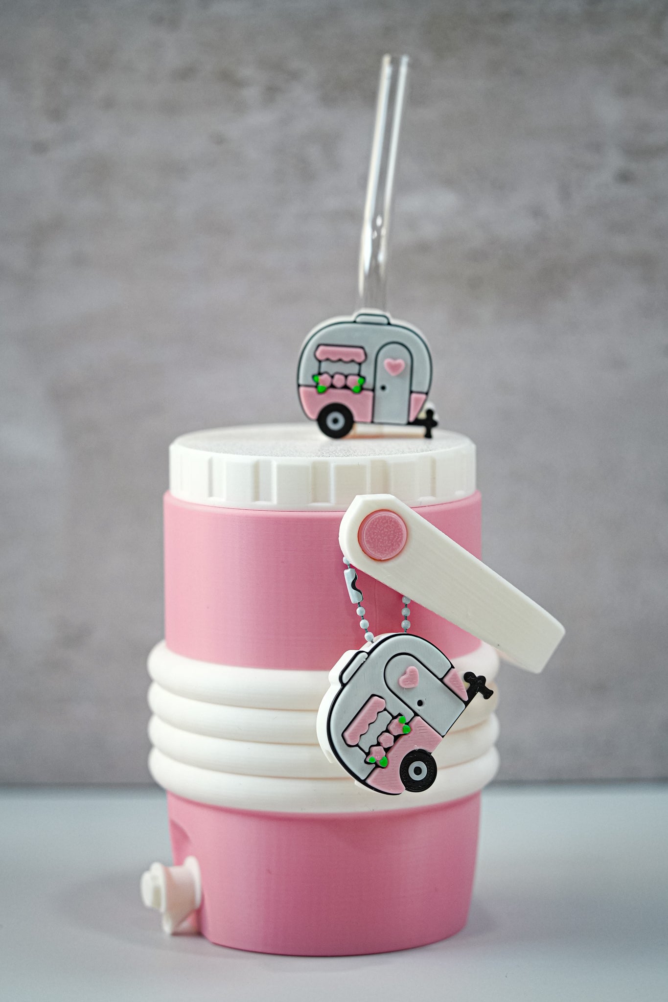Pink Camper 12oz Soda Can Holder | 3D Printed Can Sleeve with Straw Topper & Matching Can Opener