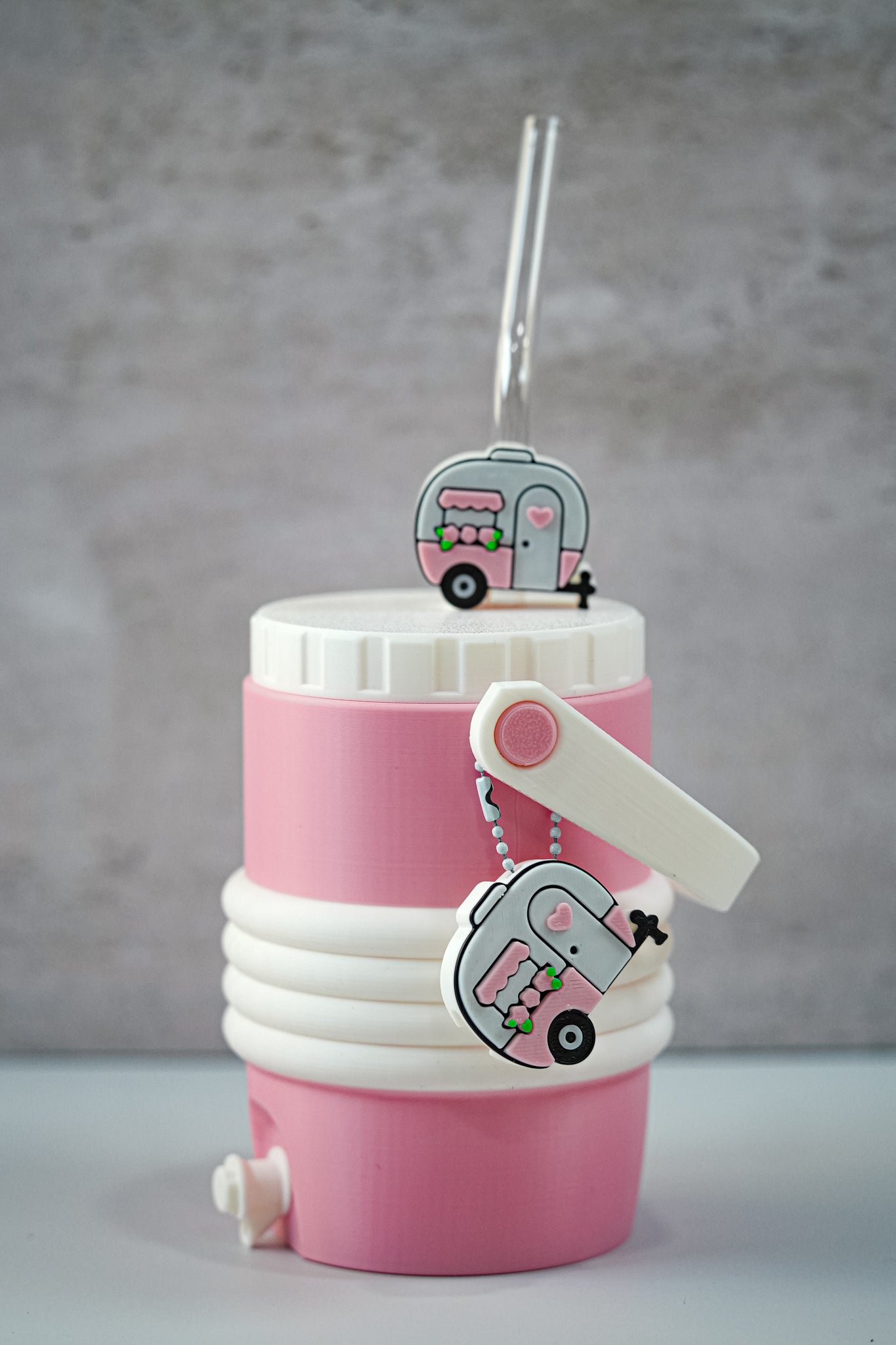 Pink Camper 12oz Soda Can Holder | 3D Printed Can Sleeve with Straw Topper & Matching Can Opener