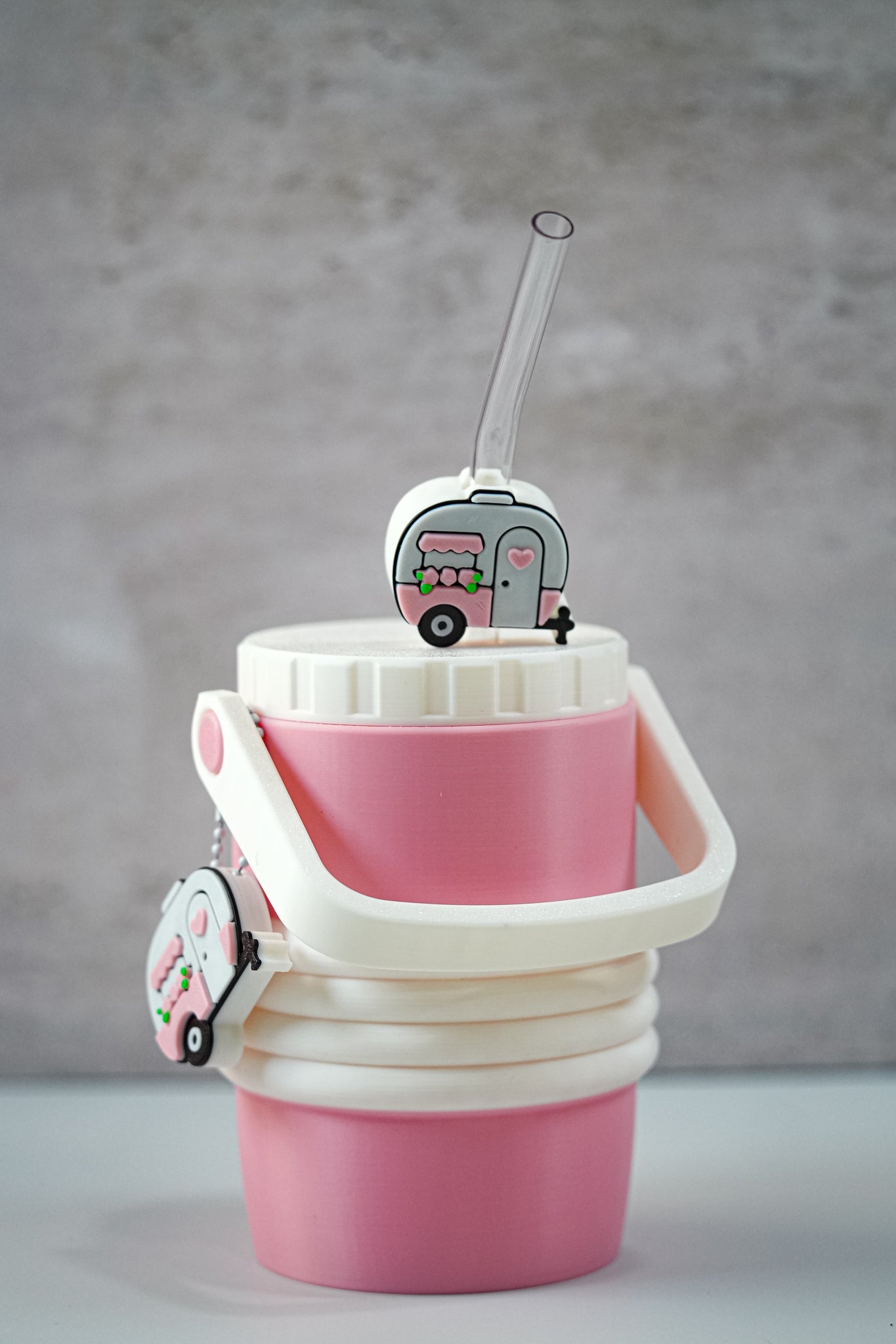 Pink Camper 12oz Soda Can Holder | 3D Printed Can Sleeve with Straw Topper & Matching Can Opener