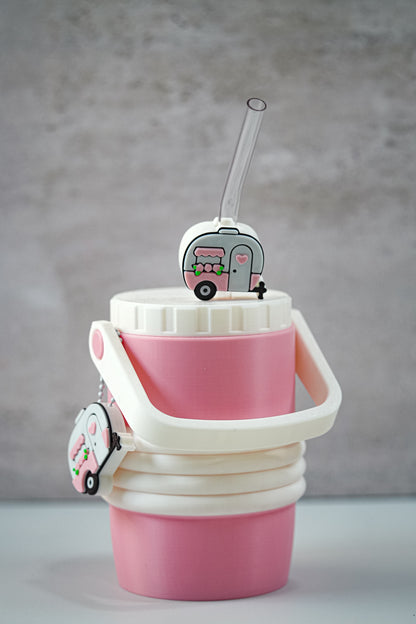 Pink Camper 12oz Soda Can Holder | 3D Printed Can Sleeve with Straw Topper & Matching Can Opener