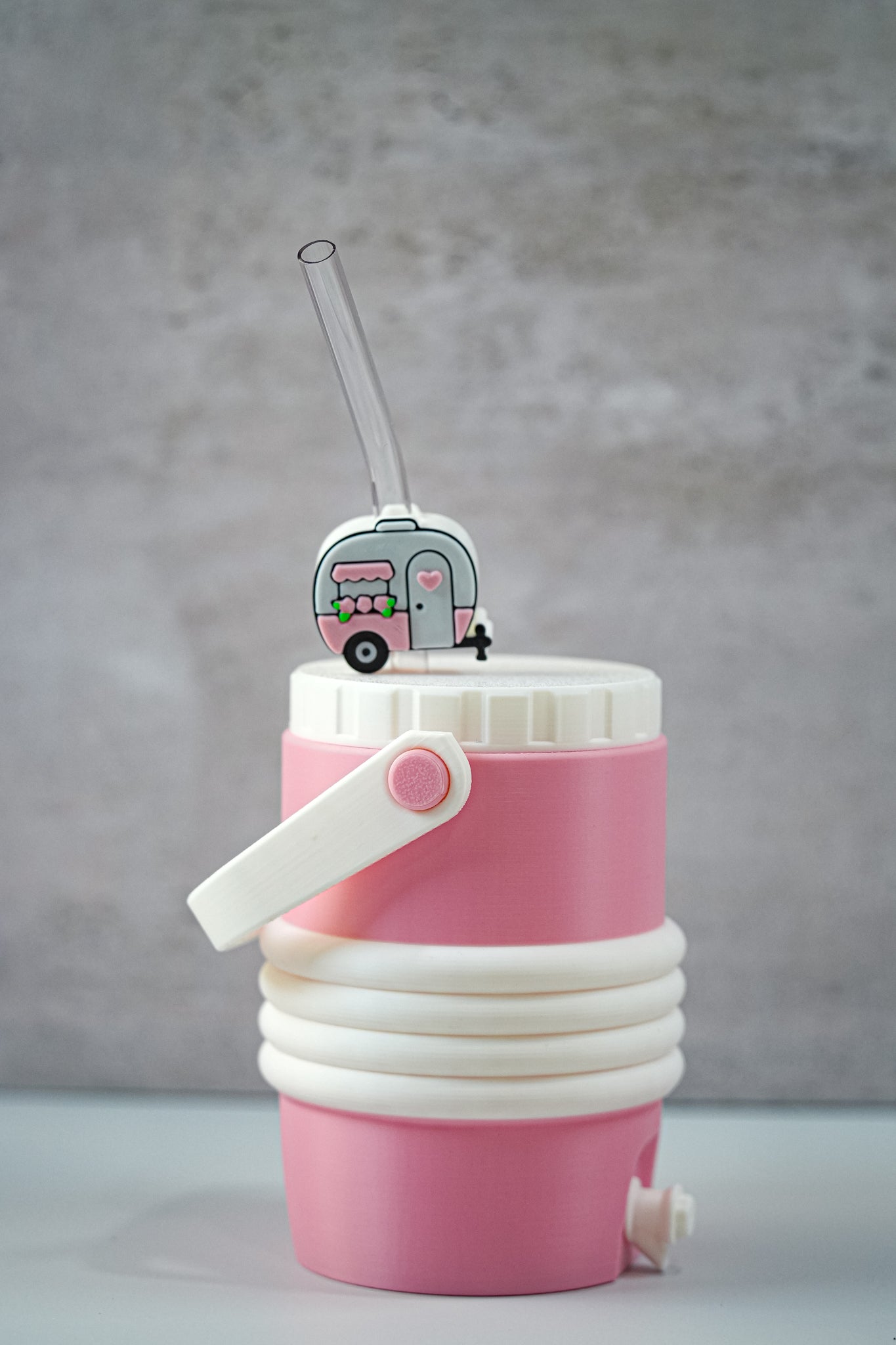 Pink Camper 12oz Soda Can Holder | 3D Printed Can Sleeve with Straw Topper & Matching Can Opener