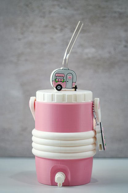 Pink Camper 12oz Soda Can Holder | 3D Printed Can Sleeve with Straw Topper & Matching Can Opener